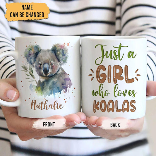 Hyturtle Personalized Gifts Koala Lover - Just A Girl Who Loves Koalas Custom Name Ceramic Coffee Mug Cup 11oz - Idea Cute Animal Lover Gifts For Women, Girl Daughter On Birthday, Christmas
