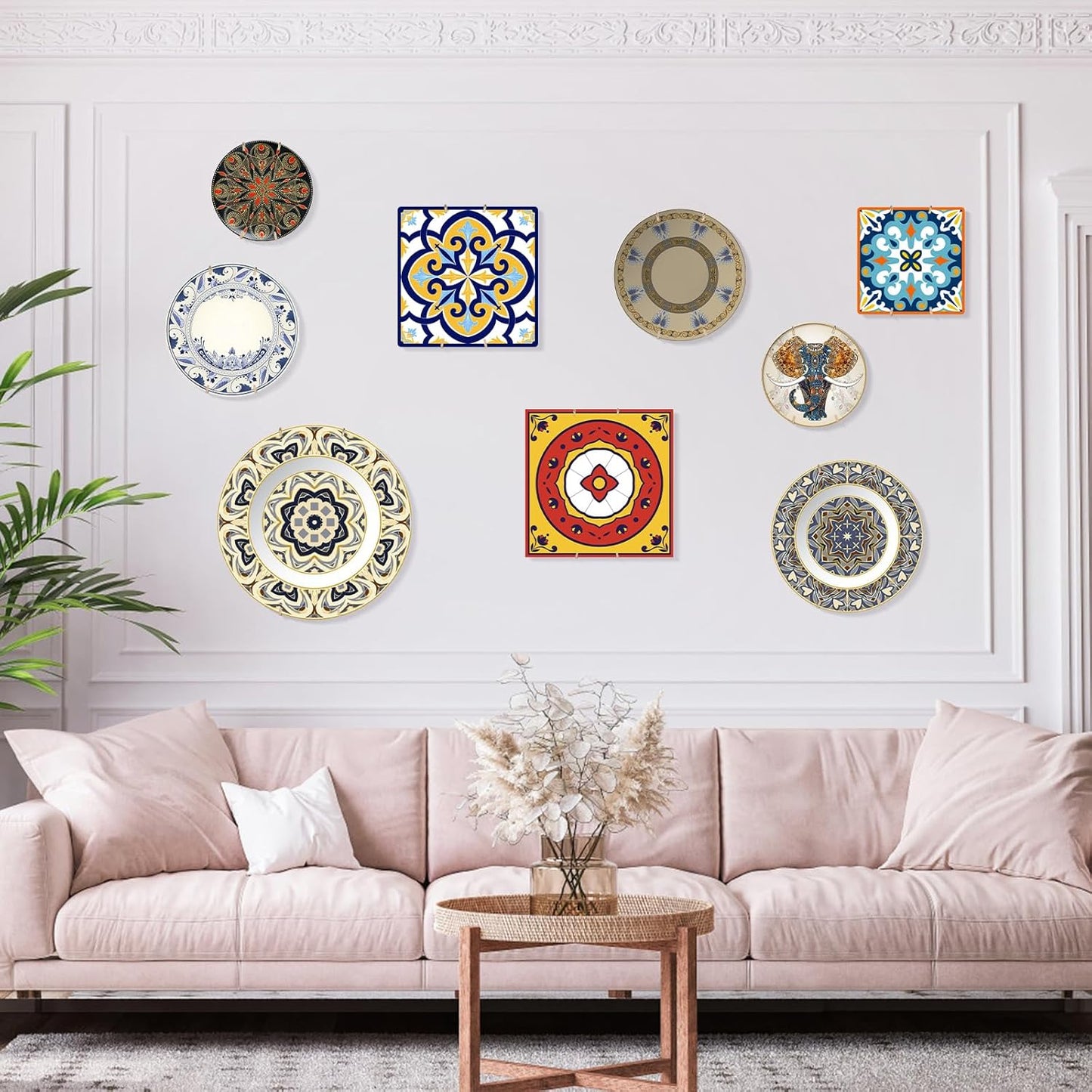 12-Pack Invisible Wall Plate Hangers, 6/8/10 Inch Brass Plate Holders with 16-Pack Wall Hooks