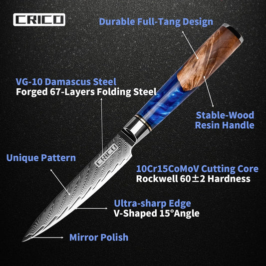 CRICO Paring Knife 5 inch, Kitchen Utility Knife, Fruit Paring Knives, VG10 Damascus Super Steel Forged 67-Layers, Full Tang Wood&Resin Handle, Gift Box - Flow Series