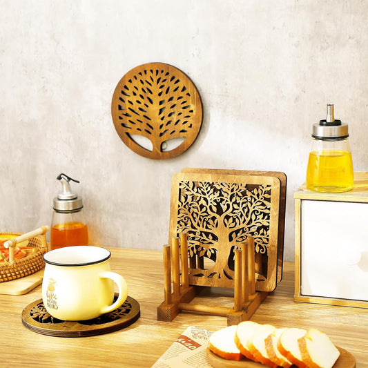 5 Pcs Life Tree Wooden Trivets with Storage Rack Hot Pads Trivets for Hot Dishes Pots and Pans Heat Resistant Mat Set Tea Pot Holders for Kitchen Dining Table(Light Wood)