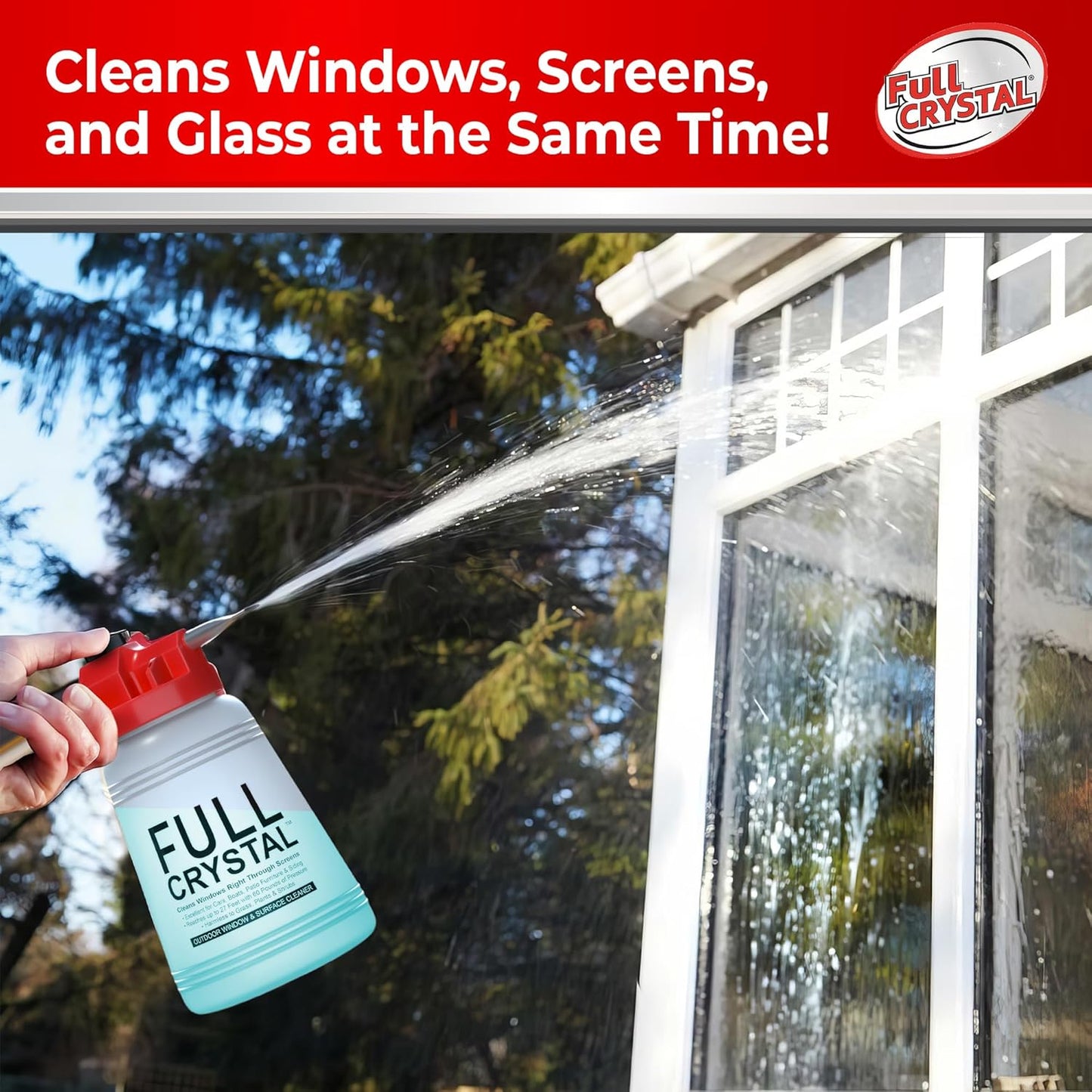 Full Crystal Window Cleaning Kit- 16 oz Glass Cleaner and Bottle with 27ft Reach will clean up to 80 Windows- Scrub Free, Rinse Free Glass Cleaner Spray Removes Dirt, Grime and Water Deposits