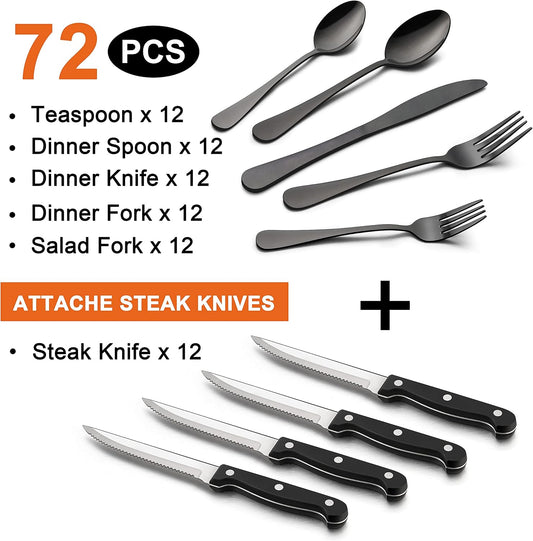 LIANYU 72-Piece Black Silverware Set, Black Flatware Cutlery Set with Steak Knives for 12, Stainless Steel Kitchen Utensils Tableware, Mirror Finish, Dishwasher Safe