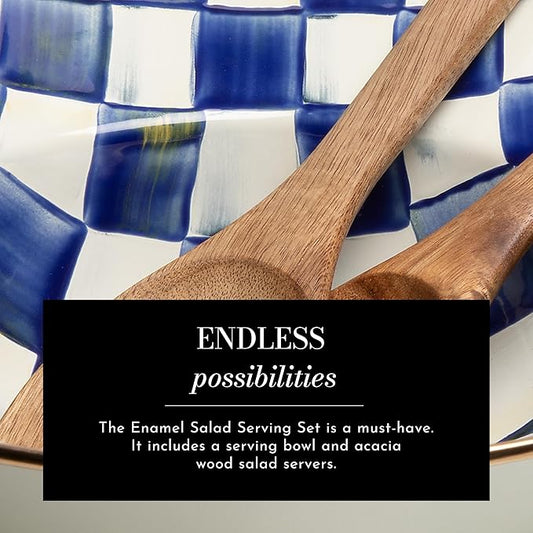 MACKENZIE-CHILDS Enamel Salad Serving Set, Enamel Bowl and Wooden Salad Servers, Decorative Kitchen Set, Blue-and-White Royal Check