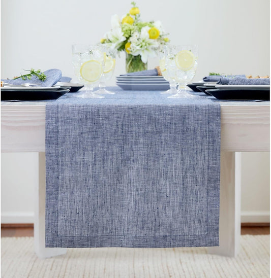 Solino Home Linen Table Runner 72 Inches Long - Athena, 100% Pure Linen Chambray Indigo Table Runner 14 x 72 Inch for Dining, Christmas, Holiday