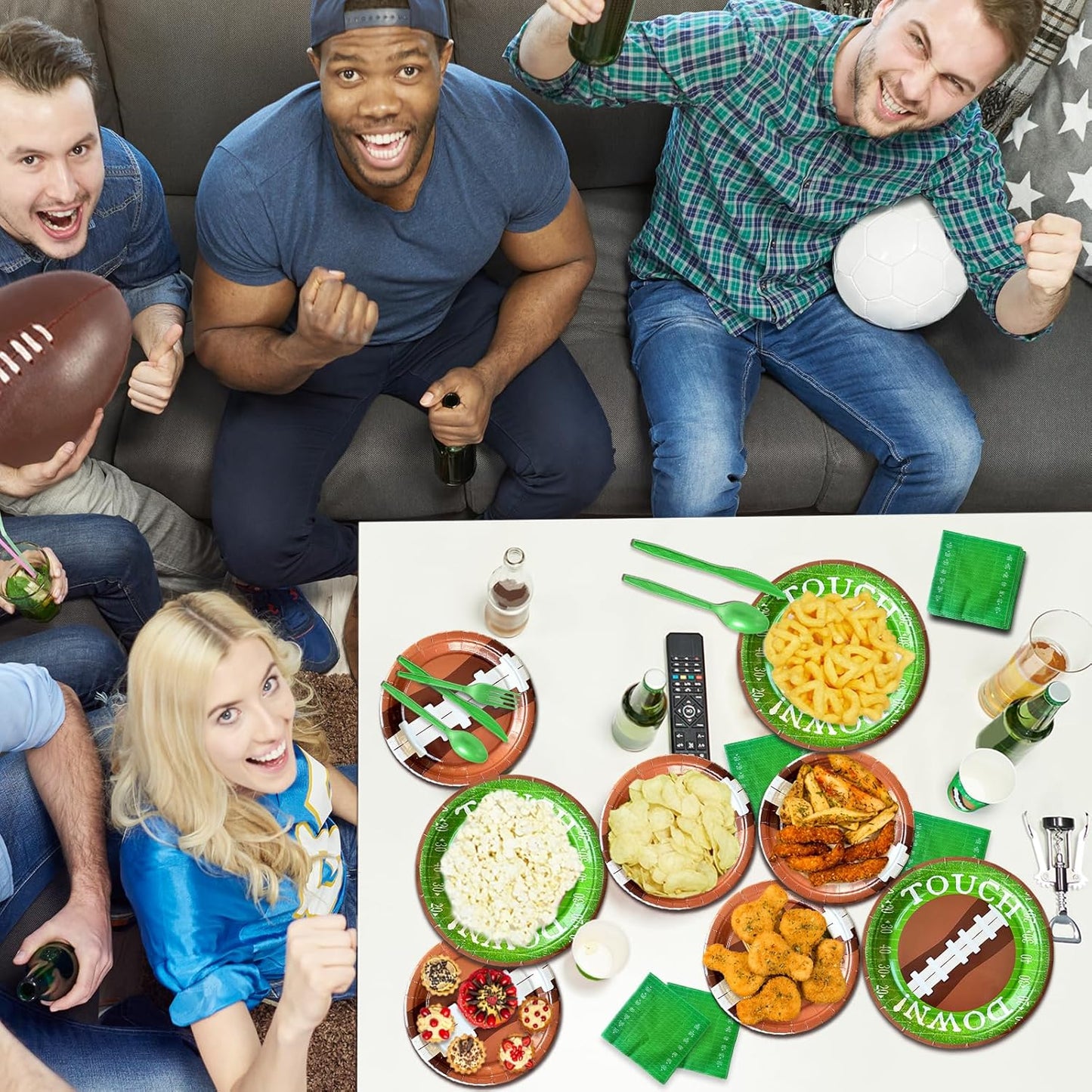 175 PCS Football Party Decorations, Plates and Napkins Sets Includes Plates Dessert Napkins Cups Plastic Knives Forks Spoons Disposable Dinnerware Set For Football Party (25 Guest)