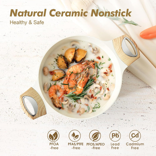 SENSARTE Ceramic Nonstick Stock Pot with Lid, 2.6/4.5/6.6/8.5 QT Soup Pot Casserole Pot, Non-toxic Healthy Pasta Pot, Large Cooking Pot Stew Pot, Induction Compatible, PFOA PFAS PTFE Free, White