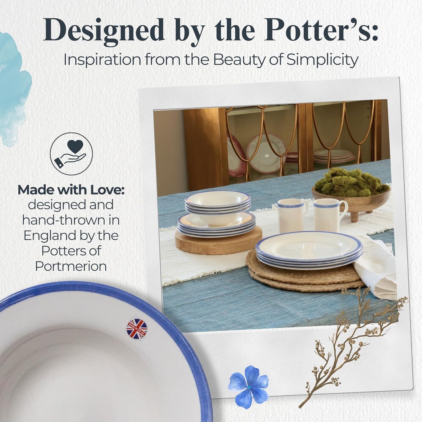 Portmeirion Potter's Brushstroke Oatmeal Bowl (Set of 4) - Ideal for Porridge, Soup, Desserts - Microwave & Dishwasher Safe Earthenware Bowls, Durable Dishware Collection - Made in UK (Blue)