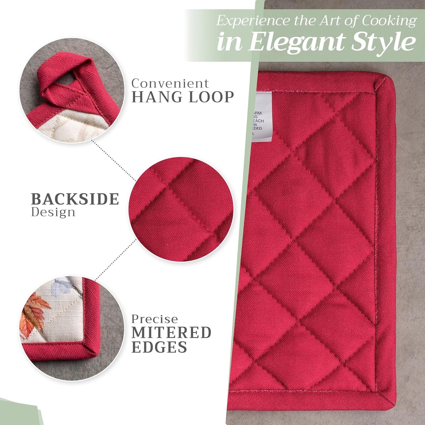 Maison d' Hermine 100% Cotton Oven Mitt & Pot Holder Set (7.5"x13" & 8"x8") Heat Resistant BBQ Cooking Gloves with Loop for Thanksgiving Christmas Decorations Handling Hot Pans (Equinoxe - Beige)