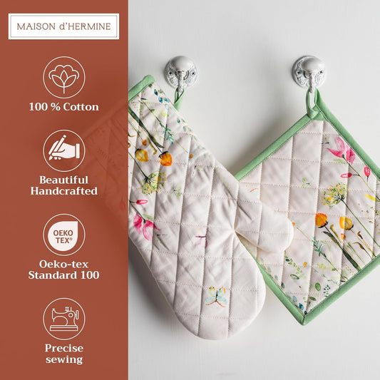Maison d' Hermine 100% Cotton Oven Mitt & Pot Holder Set (7.5"x13" & 8"x8") Heat Resistant BBQ Cooking Gloves with Loop, Baking, Grilling, Kitchen, Handling Hot Pans Spring/Summer (Botanical Fresh)