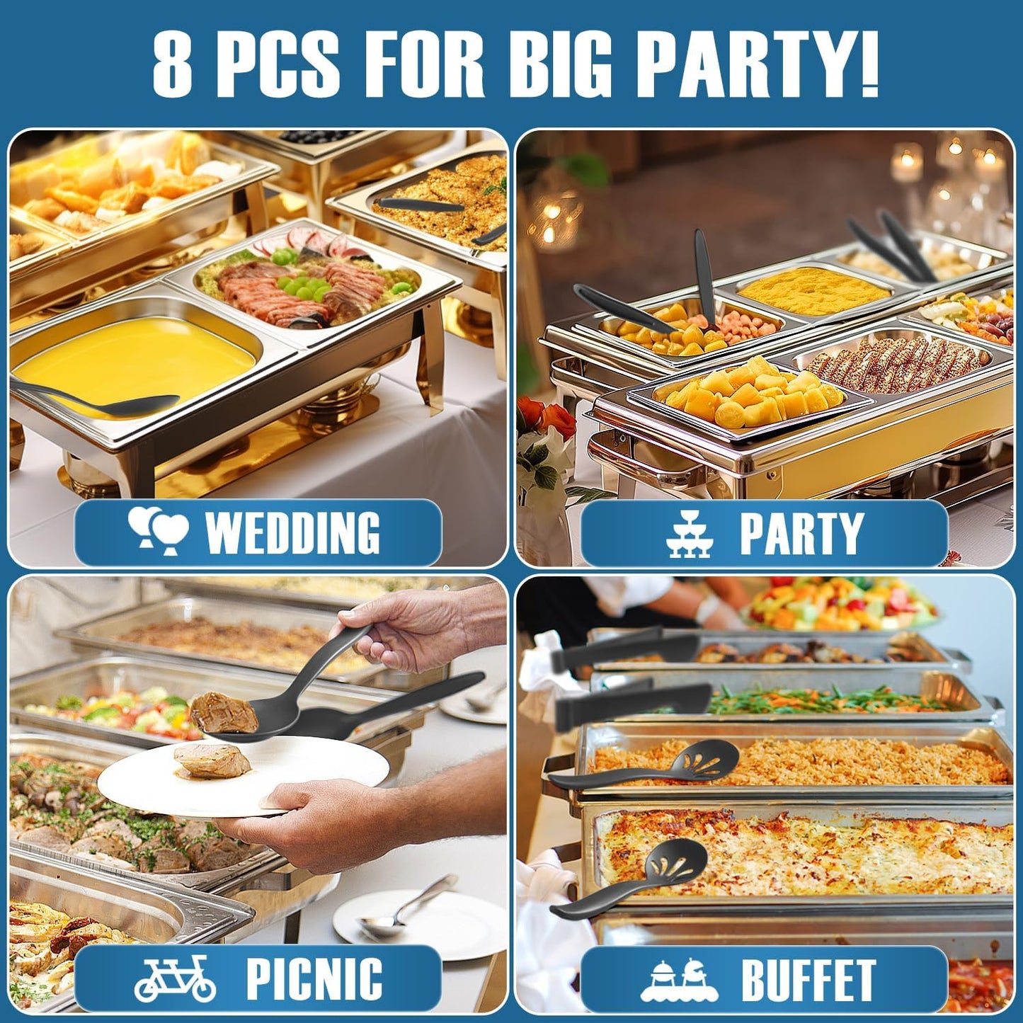 8 Pack 10" Large Reusable Plastic Wheat Straw Serving Spoon Set, 4 Serving Spoons & 4 Slotted Spoons, Kitchen Mixing Serving Spoon for Buffet Chafing Dish Catering (Black, Not for Cooking)