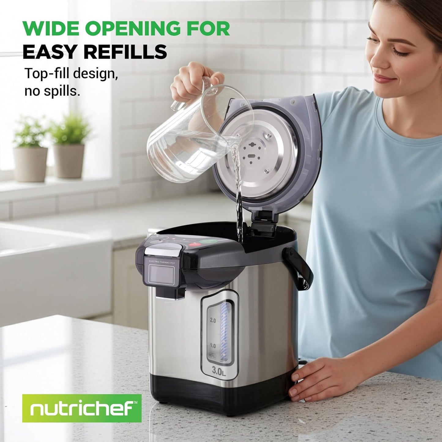 NutriChef Digital Water Boiler and Warmer - 3L/3.17 Qt Stainless Electric Hot Water Dispenser w/ LCD Display, Rotating Base, Keep Warm, Auto Shut Off, Safety Lock, Instant Heating for Coffee & Tea