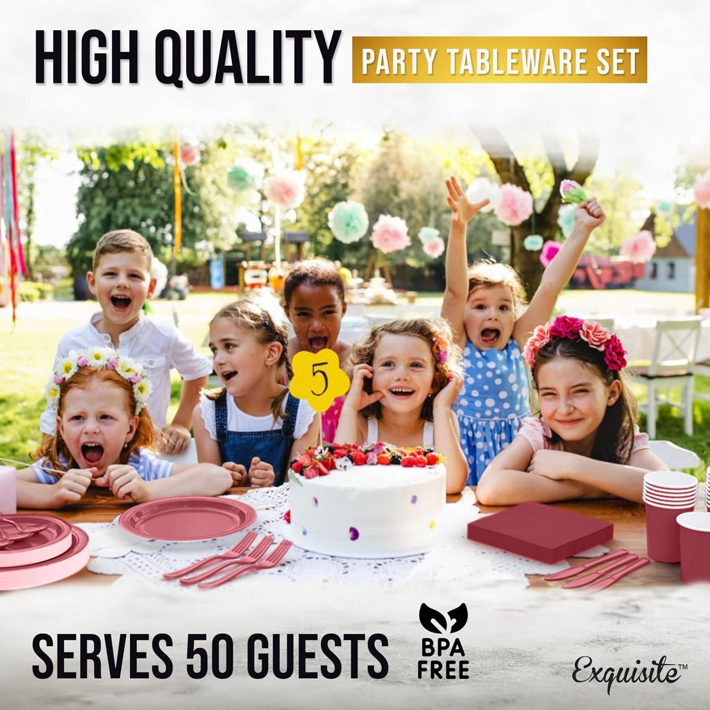 Exquisite 350 Pcs Burgundy Paper Plates For Party, Burgundy Disposable Plates Set, 50 Of Each 9" Dinner Plate Set, 7" Dessert Plate, Cups, Napkins & Cutlery Paper Dinnerware