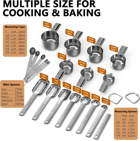 Stainless Steel Measuring Cups and Spoons Set of 20, 7 Nesting Measuring Cups, 7 Spoons & 1 Leveler, 5 Mini Spoon, Kitchen Gadgets for Cooking & Baking, Square