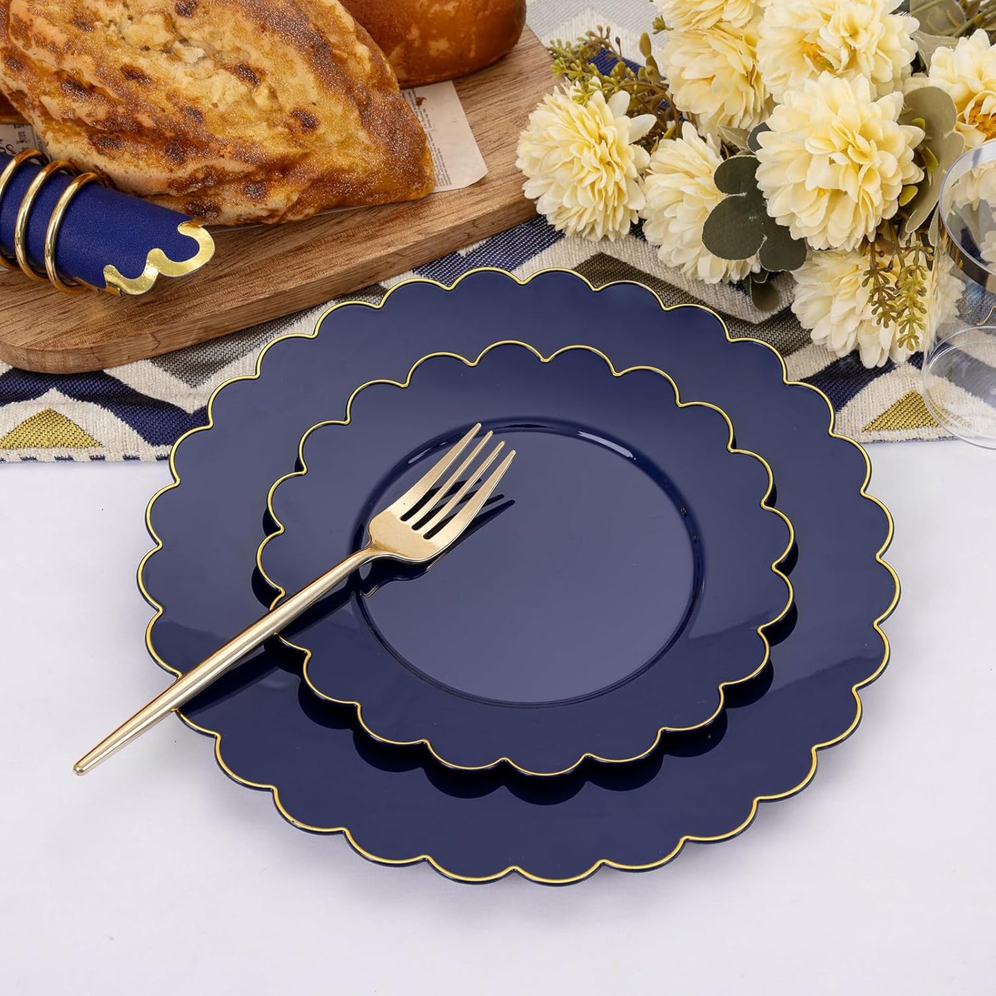 LIYH 210 Pcs Navy Blue Plastic Plates - 4th of July Party Decorations for Independence Day,Blue Plastic Scalloped Plates Disposable Gold Silverware for Wedding & Party
