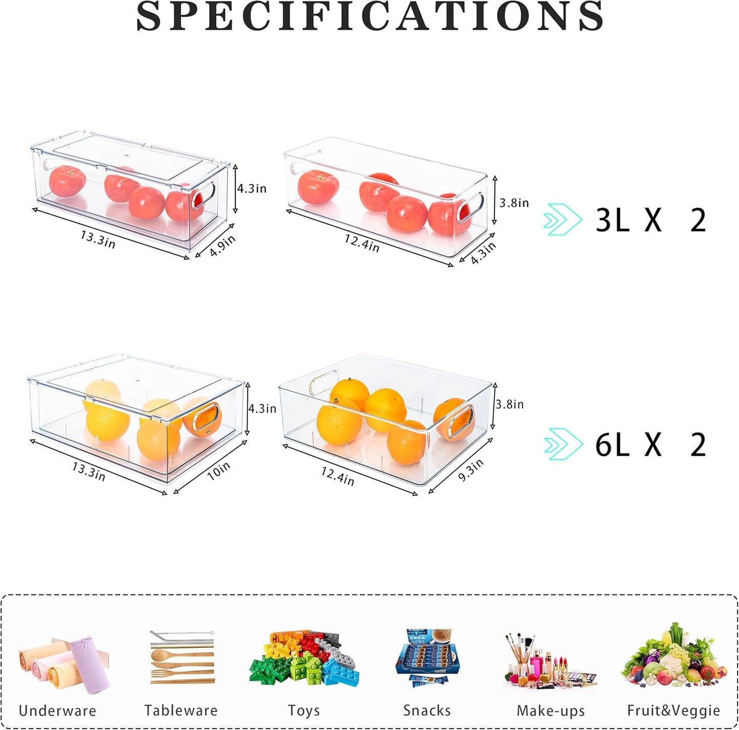 Mano Fridge Drawer Pull Out Stackable Bins with Handle Clear Refrigerator Drawers Organizer Food Storage Container Box with Dividers Plastic Produce Saver for Pantry, Cabinet, Kitchen, Clothes(4Pack)