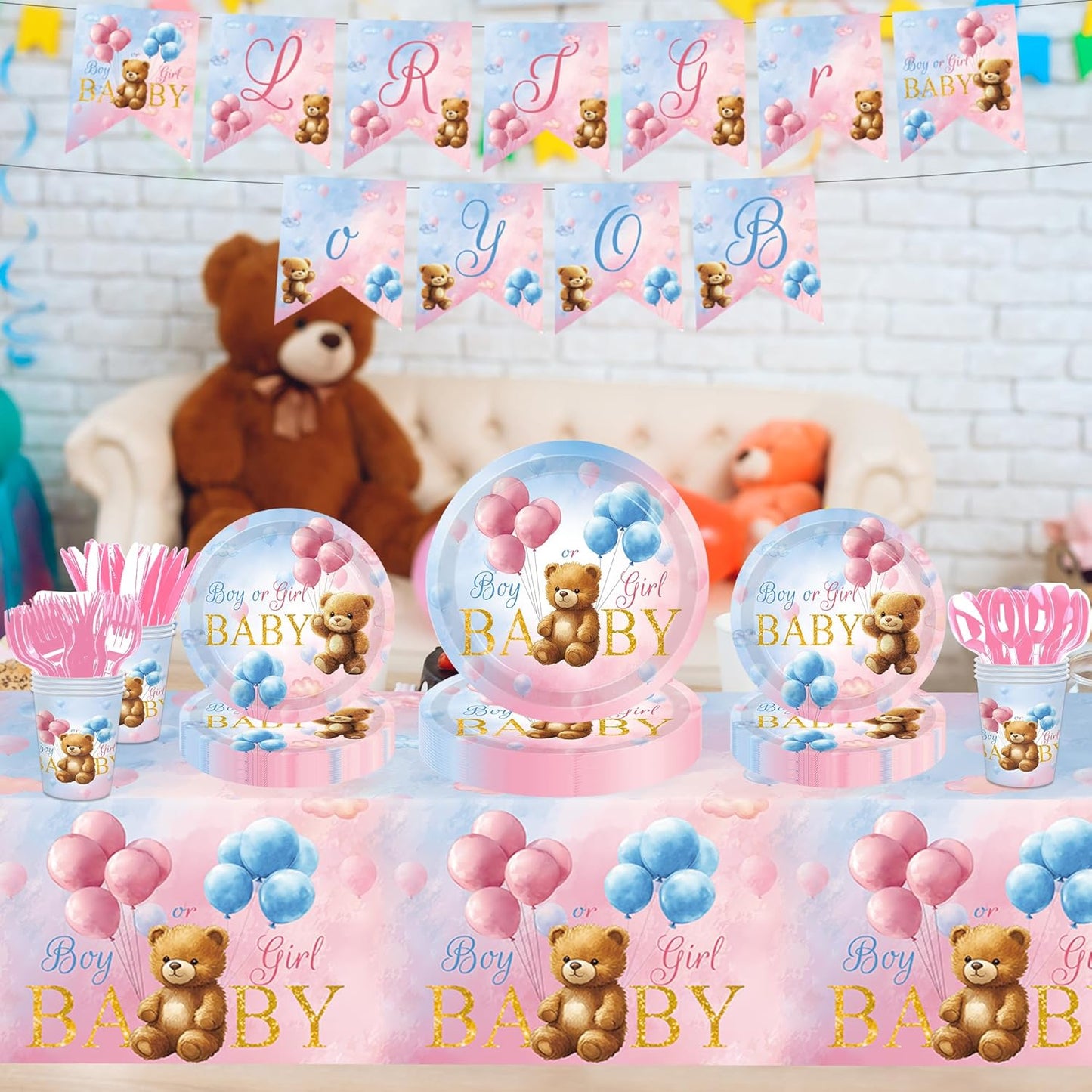142 Pcs Bear Gender Reveal Decorations Bear Themed Plates Cups and Napkins Sets Boy Or Girl Gender Reveal Decorations Serves 20