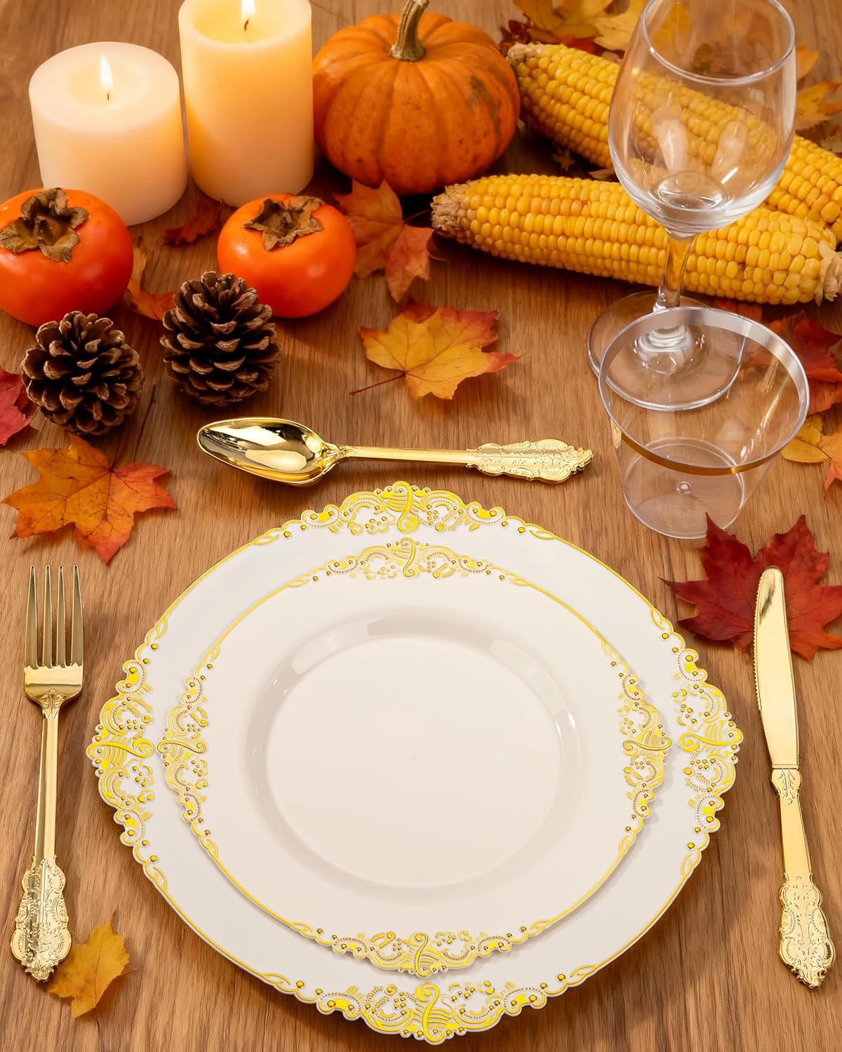 Nervure 350PCS Ivory Plastic Plates - Ivory Gold Plastic Dinnerware Sets for 50 Guests - 100 Gold Disposable Plates, 50 Pre Rolled Silverware Sets, 50 Cups Perfect for Wedding & Thanksgiving