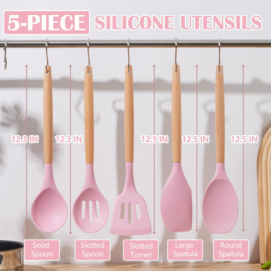 E-far Silicone Cooking Utensils Set, 5-Piece Kitchen Utensils Set with Wooden Handle for Cooking, Silicone Kitchen Nonstick Tools Spatula Turner Slotted Spoons, Nontoxic & Heat Resistant-Pink