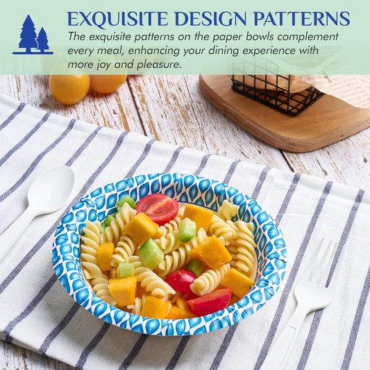 MUCHII 12 Oz Paper Bowls 200 Counts Disposable Bowls, Printed Soak Proof Small Bowls for Breakfast, Lunch, and Dinner Meals