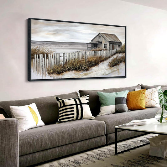 YDYSUNE Village Coastal Wall Art for Living Room - Retro Beach Fenced House Canvas Wall Decor for Home Artwork Painting Print for Bedroom Decoration Kitchen Office Hang a Picture Framed 24x48 Inches