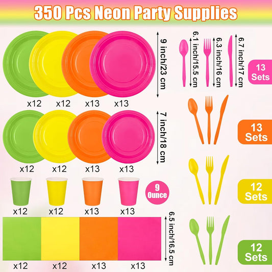durony 350 Pieces Neon Party Supplies Paper Plates Serve 50 Guests 7 Inch 9 Inch Dinner Plates Napkins Paper Cups Cutlery Bright Color Disposable Glow Party Tableware for Fiesta Neon Birthday