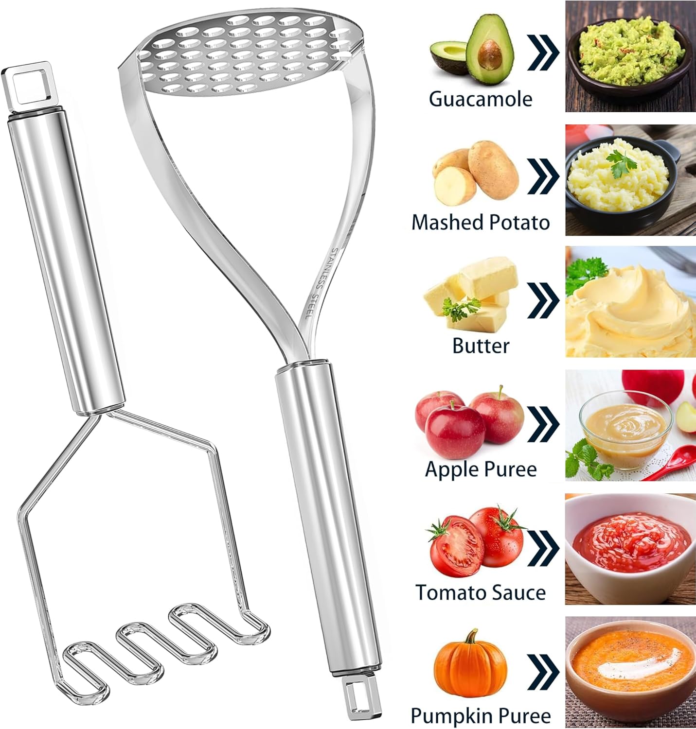 18/0 Stainless Steel Potato Mashers, 10.7-in Kitchen Masher Tool for Avocado Vegetable Sauce Butter, Heavy Duty, Dishwasher Safe, Pack of 2