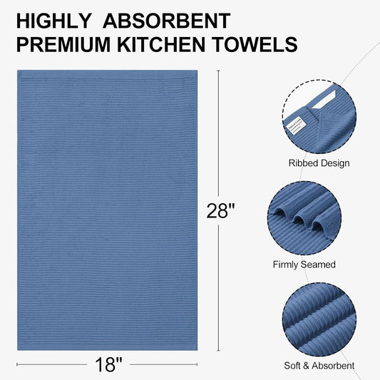 Homaxy Premium Kitchen Towels (18"x 28", 8 Pack), Large 100% Cotton Kitchen Hand Towels, Ultra Absorbent Ribbed Terry Tea Towels Set with Hanging Loop, Navy Blue