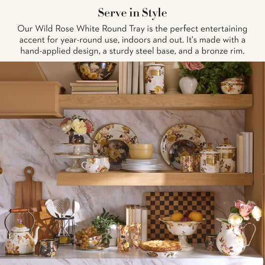 MACKENZIE-CHILDS Enamel Round Tray, Unique Serving Platter for Food and Drinks, Wild Rose White