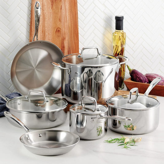 Tramontina Tri-Ply Clad Stainless Steel 10-Piece Cookware Set with Glass Lids, Pots and Pans Kitchen Set, Induction-Ready, Dishwasher-Safe, NSF-Certified