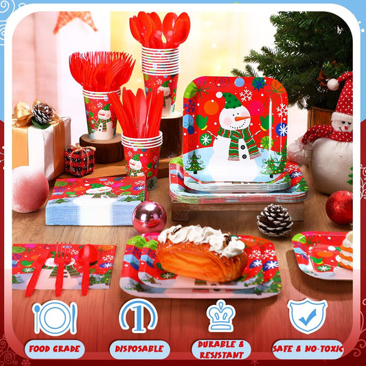 350 Pcs Paper Plates and Napkins Set Disposable Dinnerware Party Supplies Tableware Serve 50 Guest Cups Knife Forks Spoon(Red,Snowman)