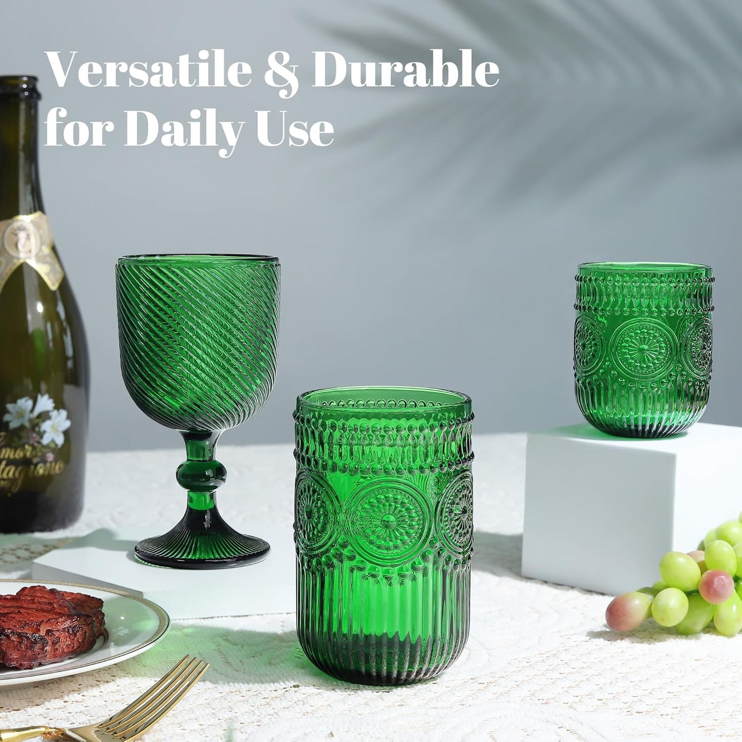 Joeyan Vintage Green Drinking Glasses Set of 4,9 oz Embossed Sunflower Small Water Glass Tumbler Cups,Colored Romantic Beaded Glassware for Beverages Cocktail Juice Wine,Dishwasher Safe