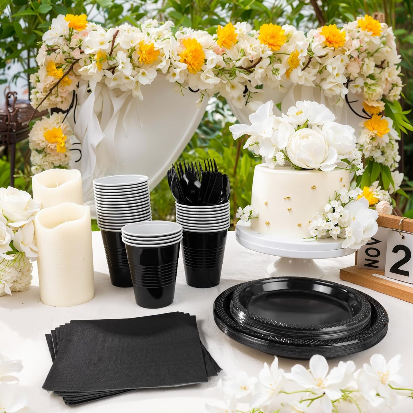 MirthMood 350PCS Black Disposable Plates, Black Party Supplies, Includes 50 Dinner Plates, 50 Salad Plates, 50 Silverware, 50 Napkins and 50 12OZ Cups.