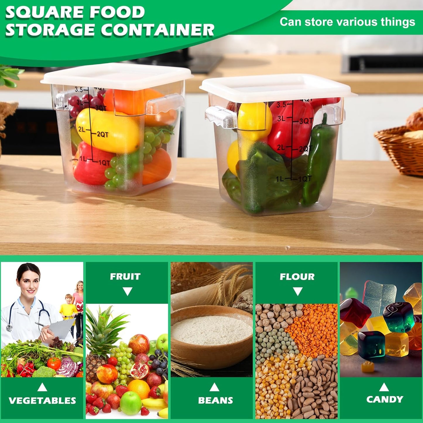 Yungyan 6 Pcs Commercial Clear Food Storage Containers 4 Qt Square Acrylic Airtight Food Storage Containers with Lids for Kitchen Restaurant Pantry Freezer Flour Sugar (White)