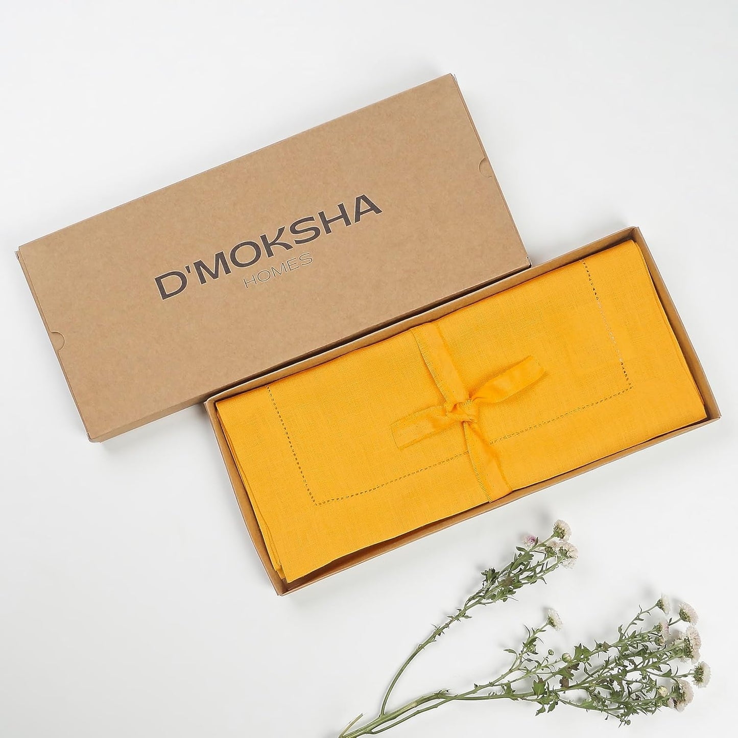 D'Moksha Homes Linen Sunflower Yellow Table Runner 120 Inches Long - 100% Pure Linen Hemstitch 14 x 120 Inch Table Runner for Dining, Fall, Autumn and Halloween - Classic Hemstitch