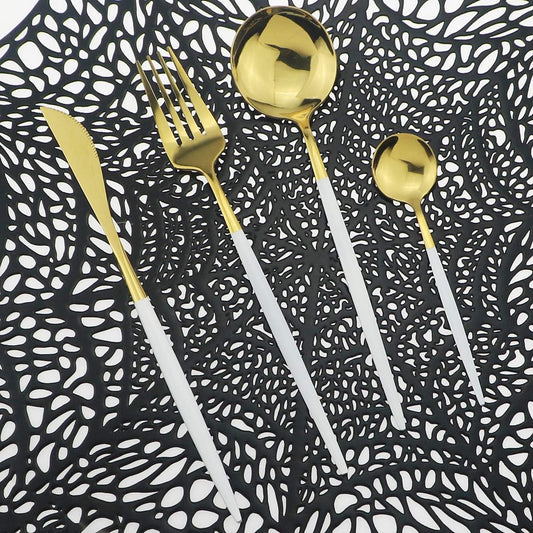 Shiny Silverware Sets, 24-Piece Elegant Cute White Handle Gold Cutlery set,304 Stainless Steel Silverware Set for Eating Home Kitchen Hotel Restaurant, Sets for 6 People, Dishwasher Safe