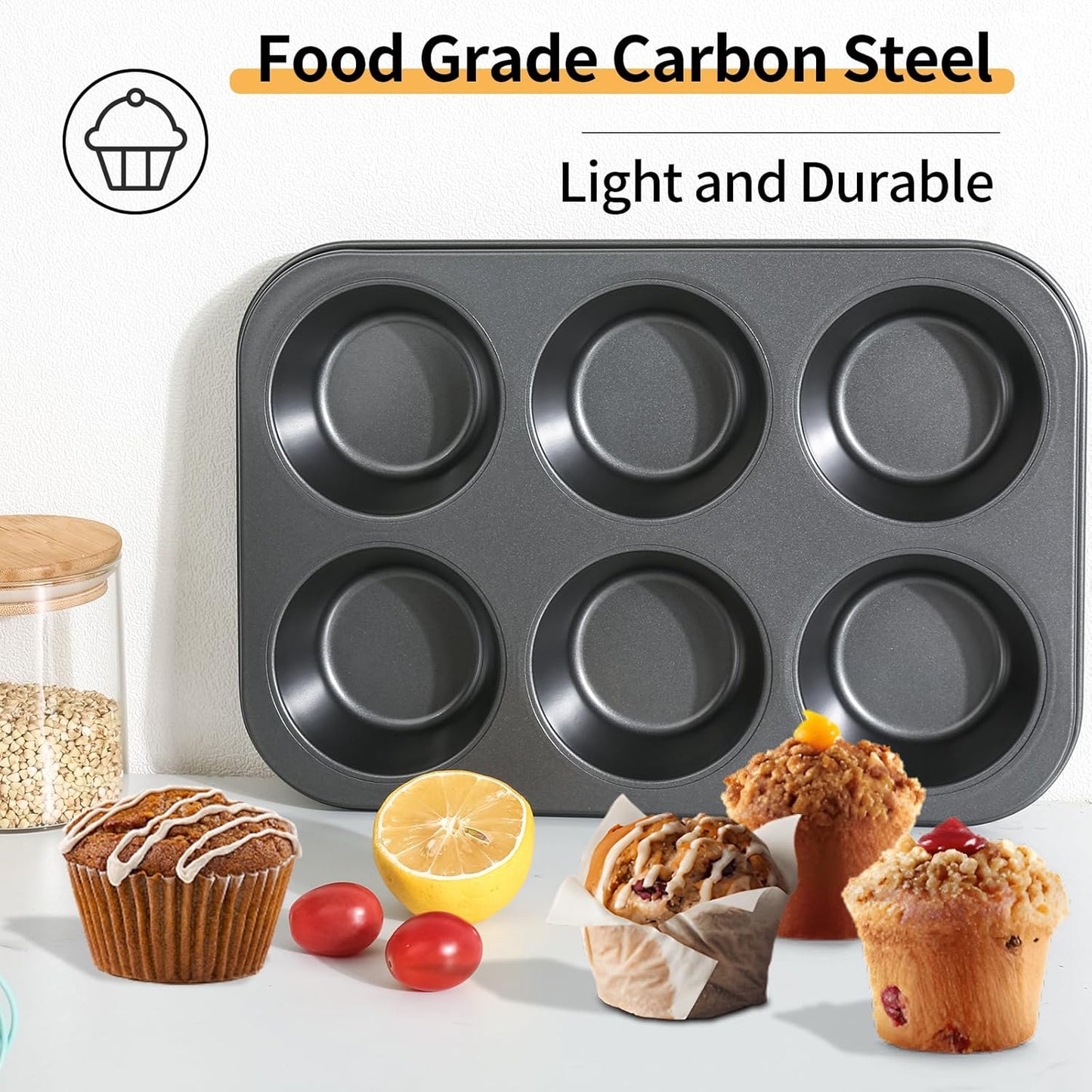 Jumbo Muffin Pan 2-Pack 6-Cups Cupcake Pan, Premium Large Muffin Tin for Baking, Non-Stick and Thickened Carbon Steel Jumbo Cupcake