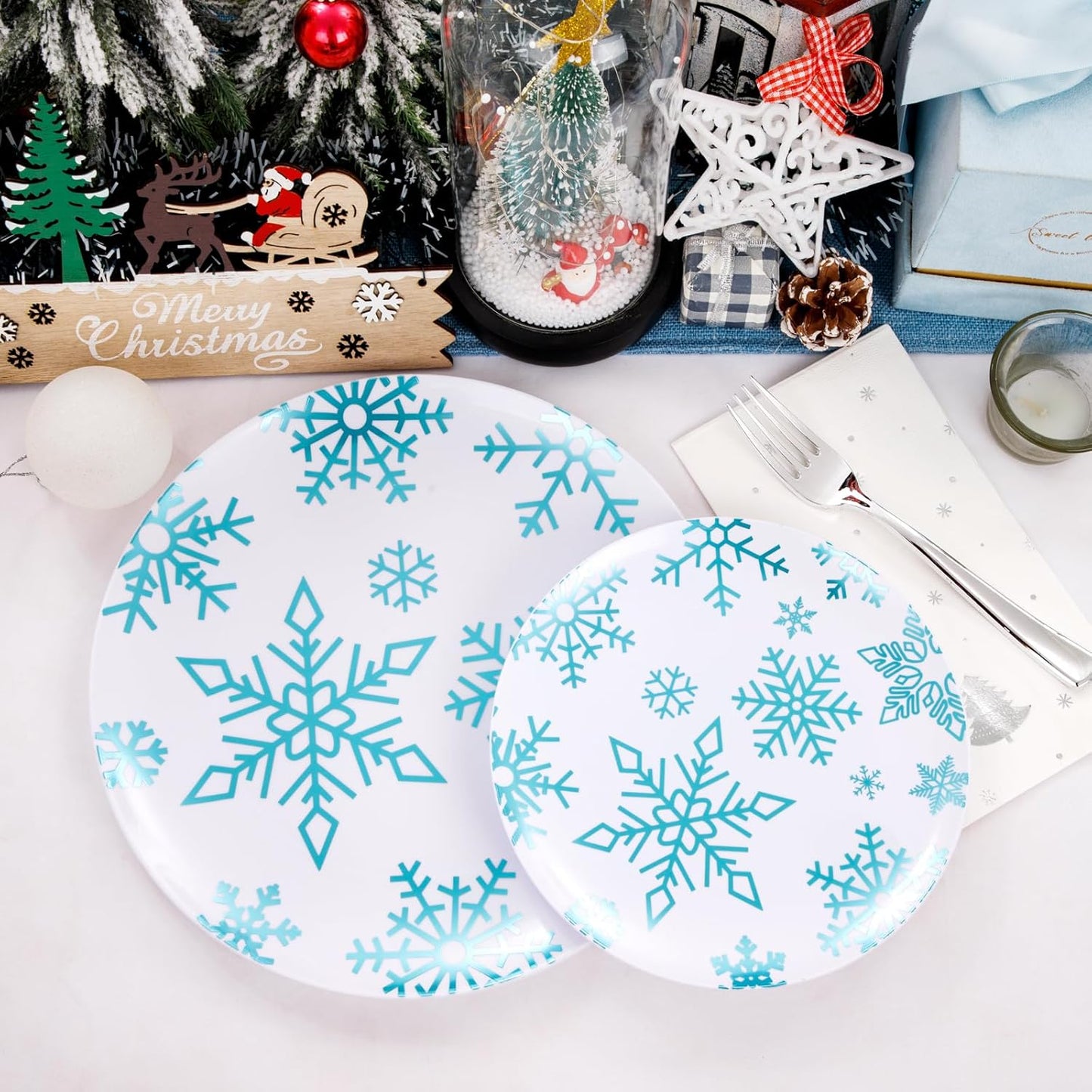 WDF 175Pcs Christmas Plates and Napkins Disposable Dinnerware Set for 25 Guests, White Blue Plates with Silverware, White Snowflake Cups and Festive Holiday Napkins Perfect for Christmas Winter