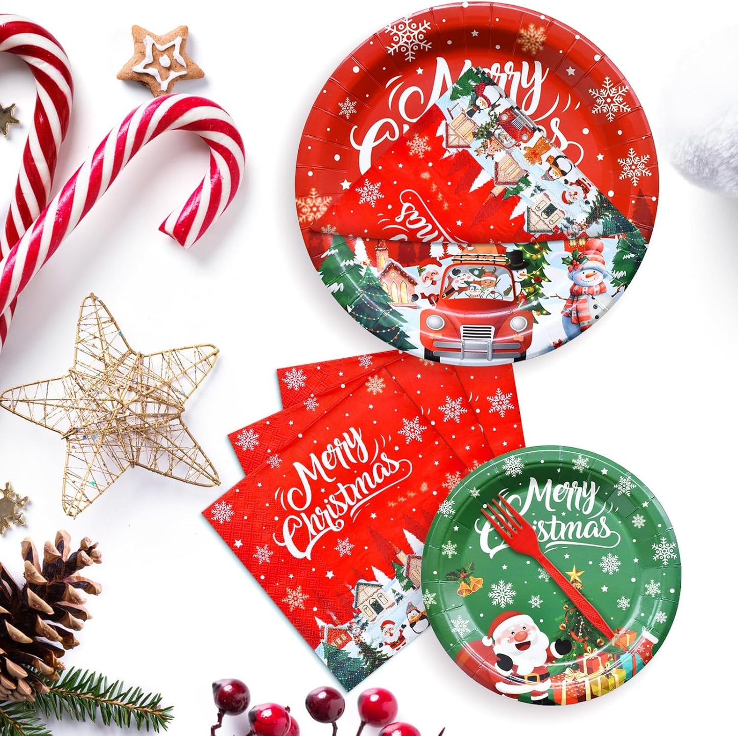100 Pcs Christmas Tableware Party Supplies – Disposable Merry Christmas Dinnerware Set with Paper Plates, Napkins, and Utensils for Holiday Party, Winter Celebration – Serves 25