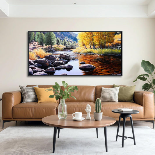 CHATYOUNG Large Wall Art Bedroom, Yellow Green Fall Forest Landscape Canvas Paintings Lake Tree River Rustic Autumn Pictures Artwork for Living Room Kitchen Office Home Framed Wall Decor 29"X58"