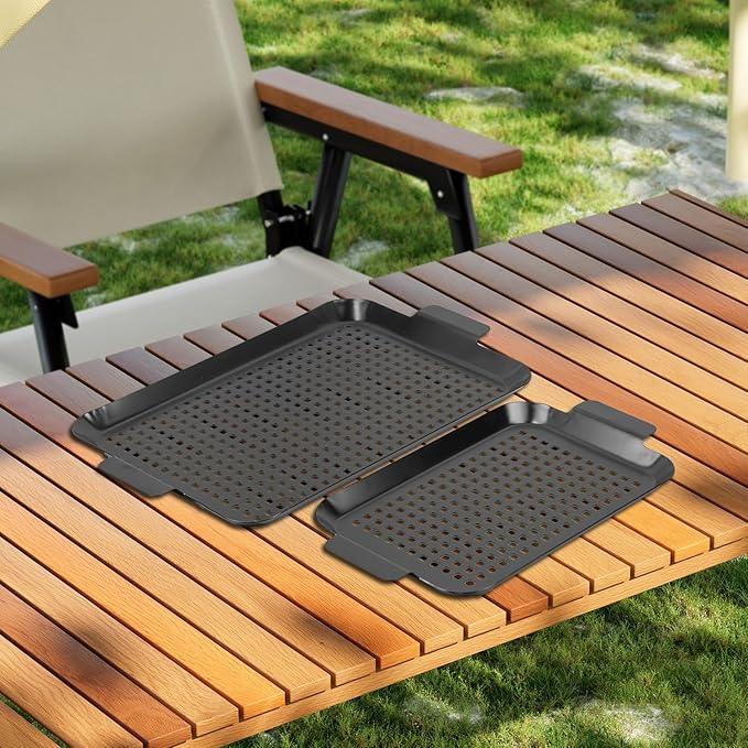 Grill Tray Set Of 2 Outdoor Grill Pans Tray Grill Pans with Hole Nonstick Barbecue Grilling Baskets for Outdoor Camping Vegetable Meat (grilling tray)