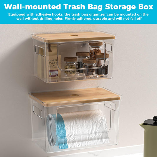 Trash Bag Holder Dispenser with Bamboo Lid, 2 Pack Clear Stackable Plastic Grocery Bag Holder for Home Kitchen Pantry Countertop, Medium & Large Wall Mounted Storage Bins for Onion Potato Storage