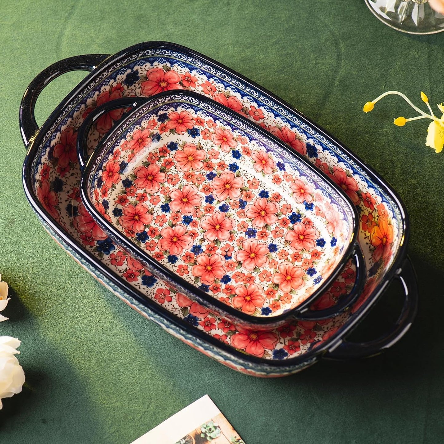 Baking Dish Ceramic Baking Pan Blue Casserole Dish Porcelain rectangular Baking Set 2pcs Bakeware Sets Lasagna Pan Baking Dishes for oven(Pum flower)