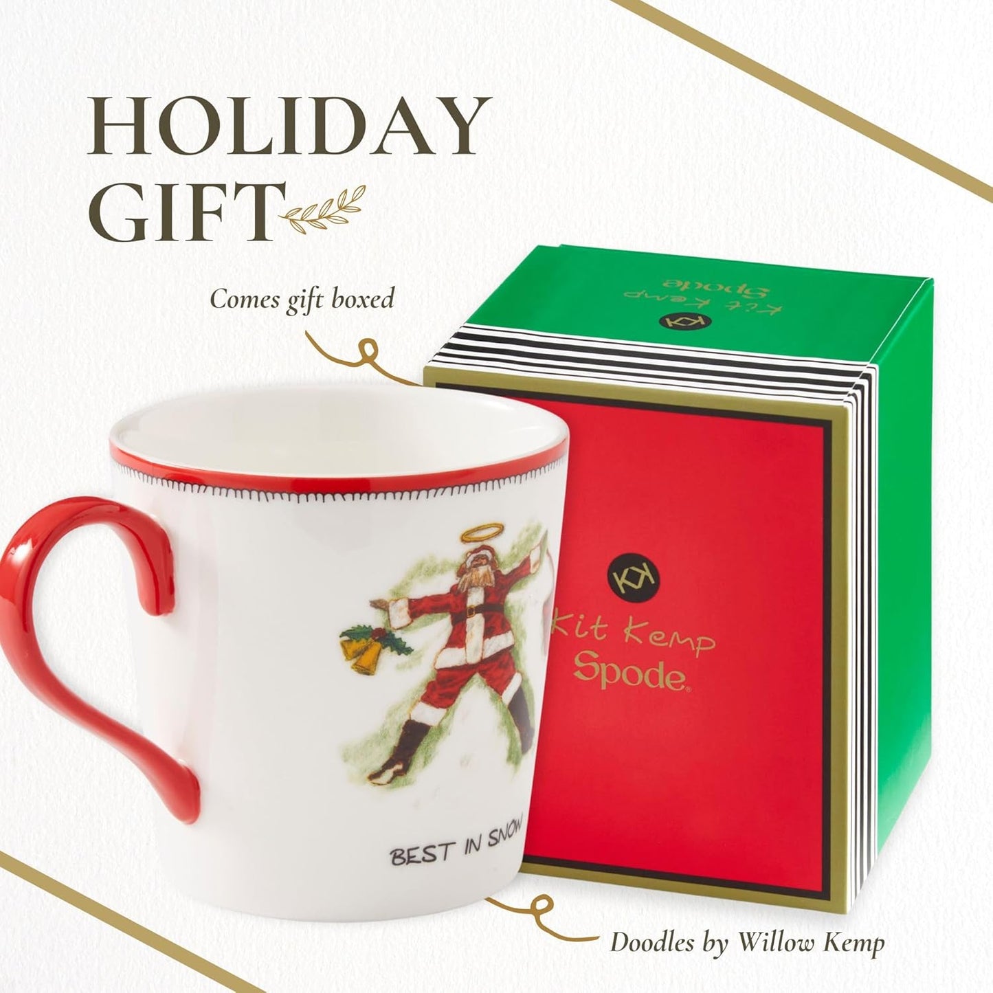 Spode Kit Kemp 12oz Festive Christmas Mug - Best In Snow Doodle Mug, Fine China Dishwasher Safe Holiday Coffee Mug with Handle for Cocoa, Tea, Gifts - A Cheerful Christmas Essential