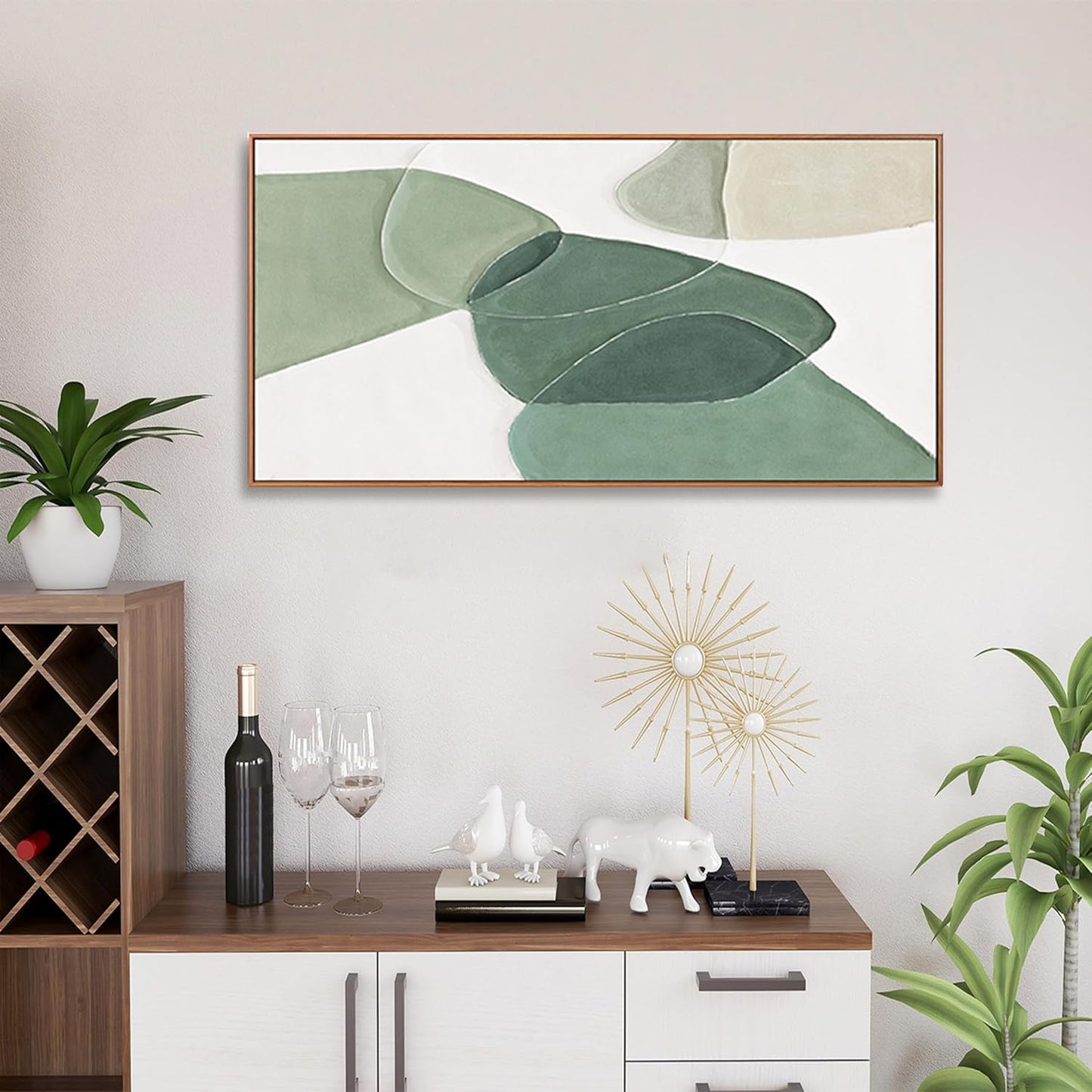 Framed Wall Art Canvas Artwork Green And White Geometric Color Block Line Art Canvas Paintings Wall Decor Modern Home Bedroom Art Office Decor 20"X 40" Framed Ready To Hang