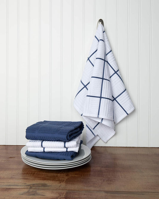 Sticky Toffee Cotton Kitchen Towels Set of 4, Dark Blue and White, 28 x 16 in, Absorbent Reusable Hand and Tea Towels for Kitchen Cleaning