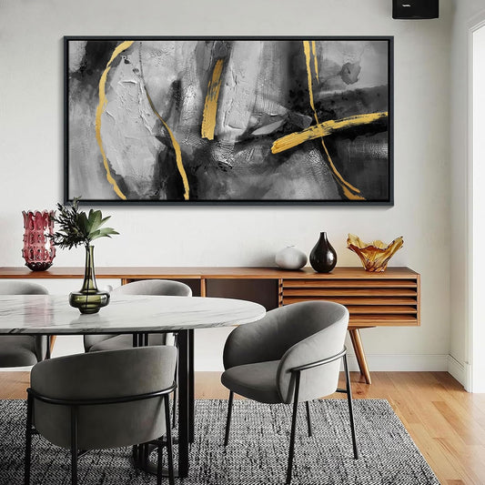 CHATYOUNG Abstract Large Canvas Wall Art for Living Room,Golden Line Canvas Prints, Hand-Painted Bedroom Wall Decor Black Gray Artwork for Home Cafe Kitchen Restaurant Decor, Framed, 29 x 58 In