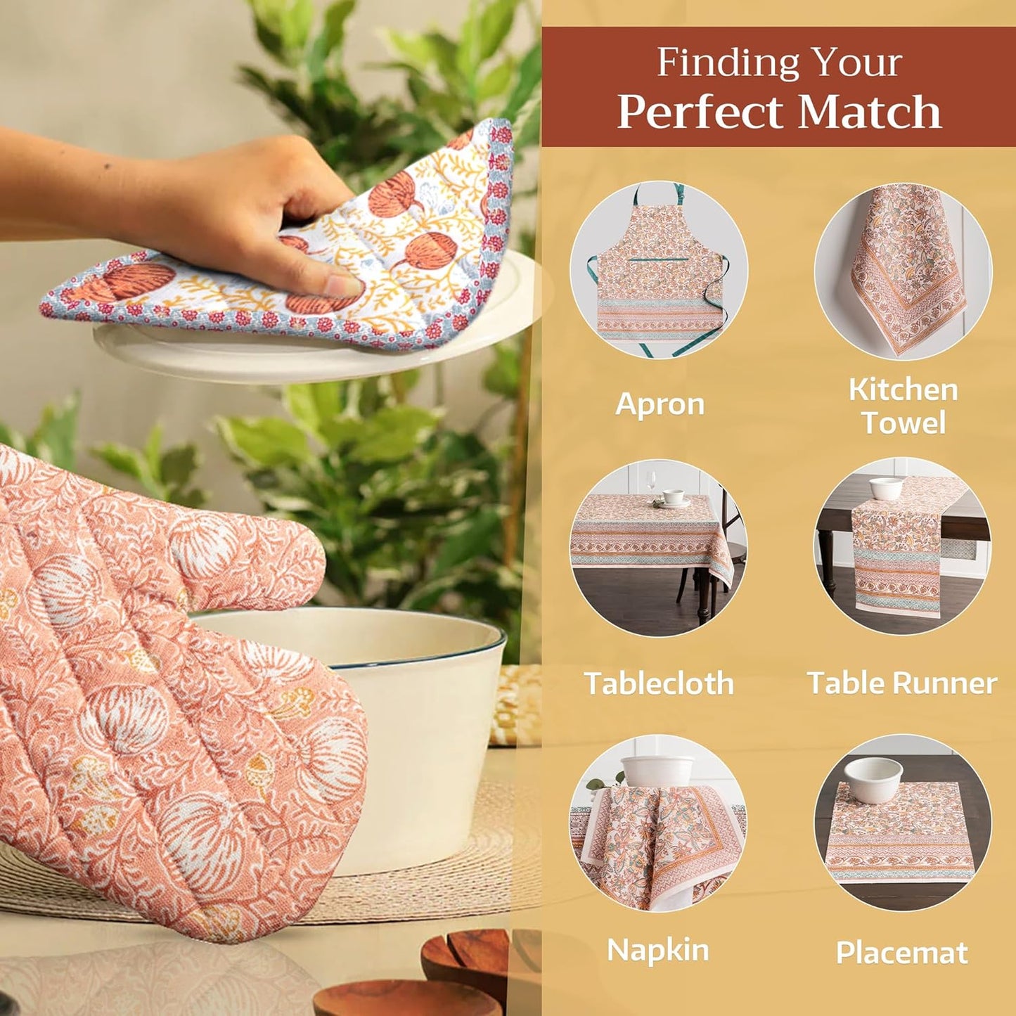 Maison d' Hermine 100% Cotton Oven Mitt & Pot Holder Set (7.5"x13" & 8"x8") Heat Resistant BBQ Cooking Gloves with Loop for Thanksgiving Christmas Decorations Handling Hot Pans (Nila)