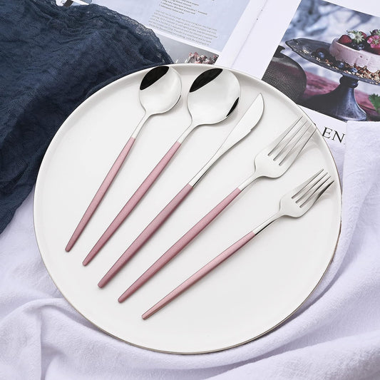Silverware Set – 20 Piece Family Dinnerware Set – Flatware Set Service For 4 – Pink Silver Tableware Sets – Cutlery Great For Family Gatherings & Daily Use – Spoons, Knives, Forks
