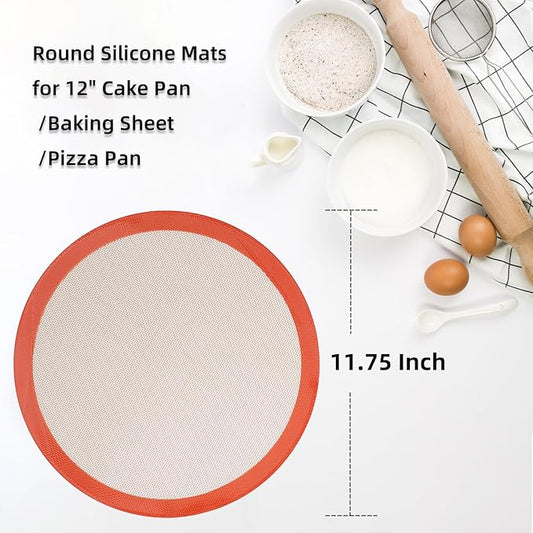 Round Silicone Baking Mats for 12 Inch Pizza Pan, 12 Inch Large Pizza Mat or Dough/Cake Mat, Round Liner for Rolling/XL Air Fryer/Cooling Rack/Microwave, Food Grade Non-Stick Reusable(11.75", 2PCS)