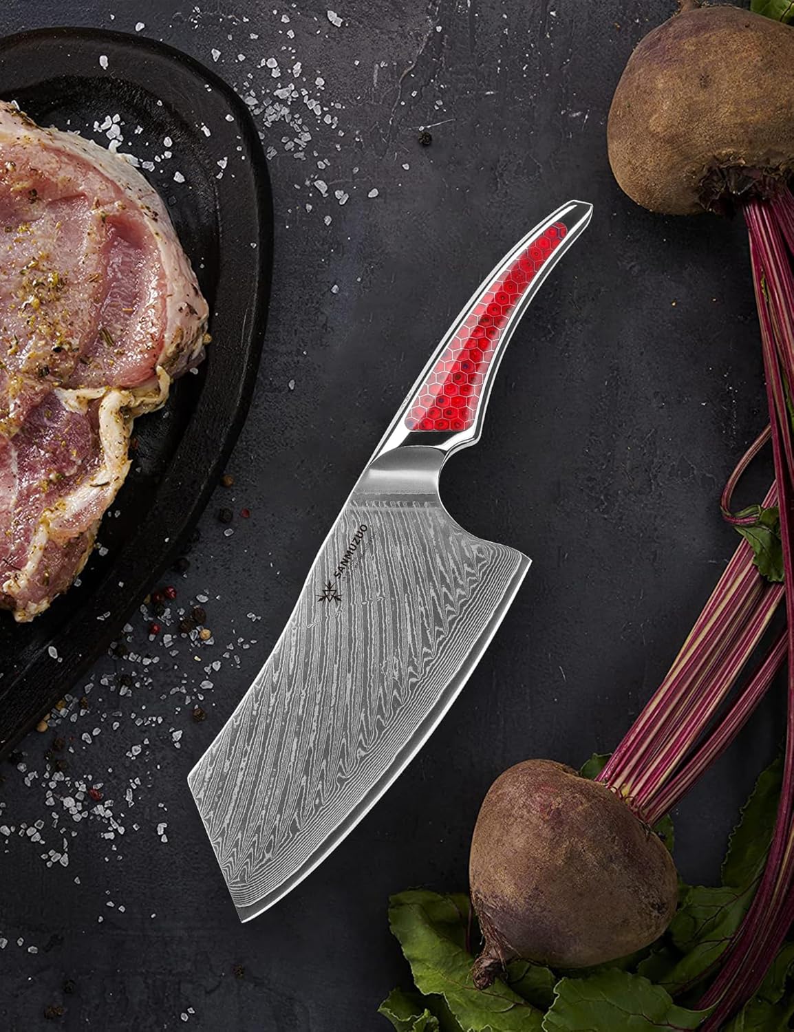 7 inch Nakiri Knife, Japanese VG-10 Damascus Steel Meat Cleaver, Ultra Sharp Vegetable Knife with Full-tang Handle in Red Resin, LA-S9 Series
